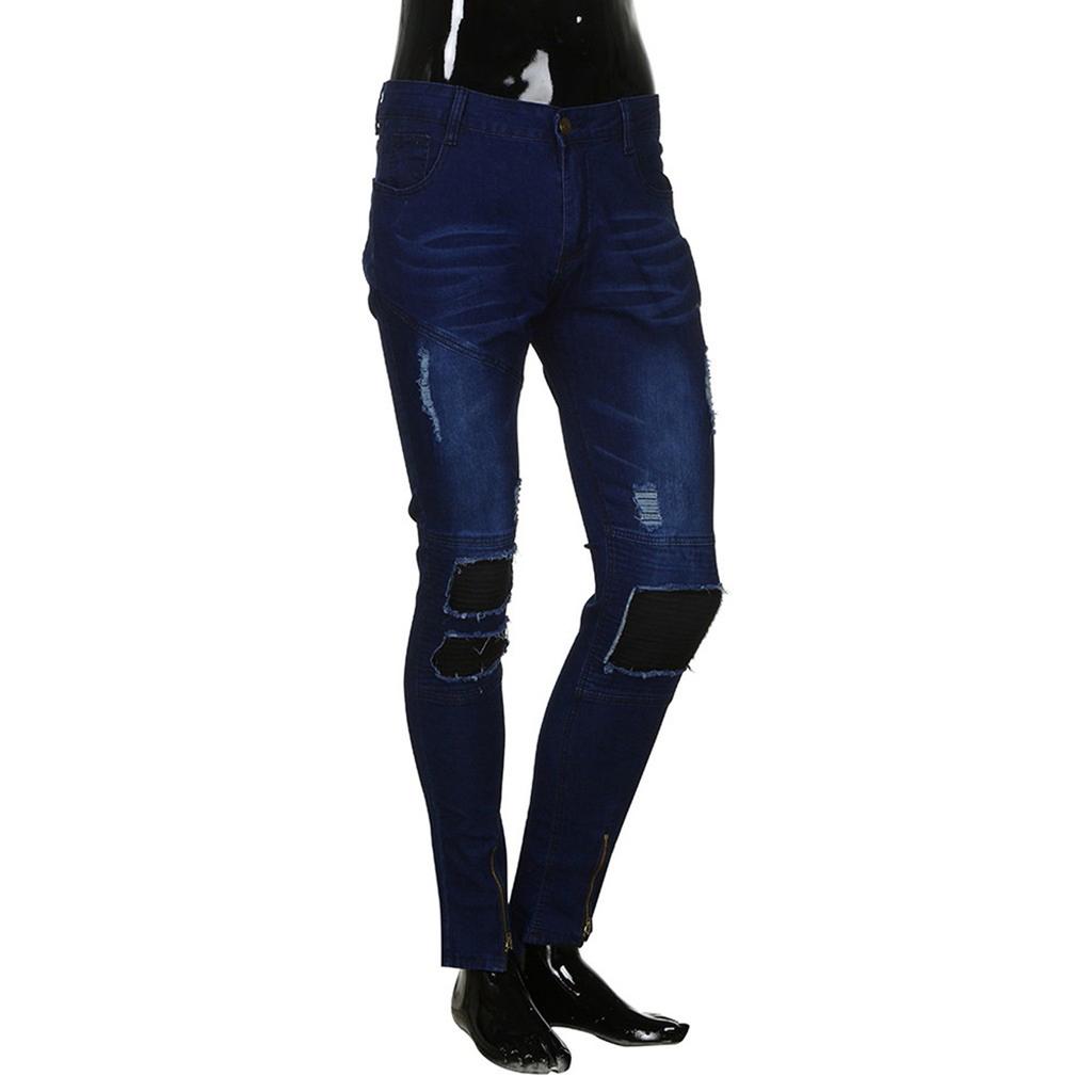 Men Slim Biker Zipper Denim Jeans Skinny Frayed Pants Distressed Rip Trousers