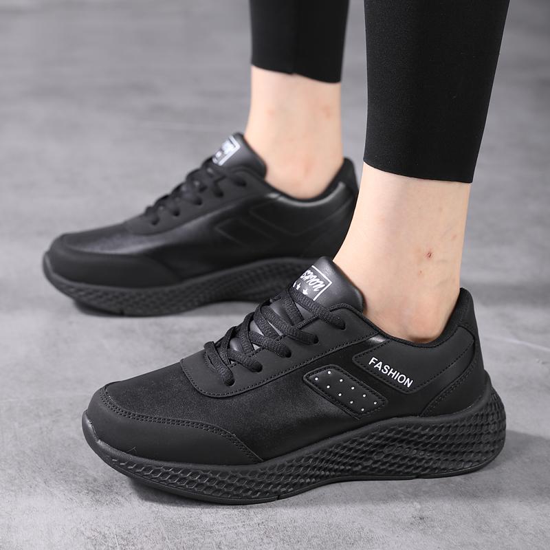 2025 Women's Leather Sneakers Casual Sneakers Lace Up Flats Lightweight Comfortable Black Anti-slip Running Shoes Outdoor Sports