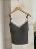Lace Trim V Neck Spaghetti Strap Cami Top, Built-in Padded Slim Fit Ribbed Knit Cropped Tank Top 3 Colors