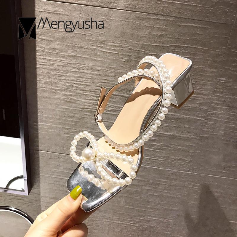 Fashion Pearl Bow-knot Silver Transparent Patchwork Sandals Women Open Toe Beads Studs Gladiator Sandalias Chunky Med High Heels Zapatos