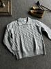 Men's Gray Cable Knit V-Neck Sweater - Winter Retro Polo Collar, Relaxed Fit, Long Sleeve Top