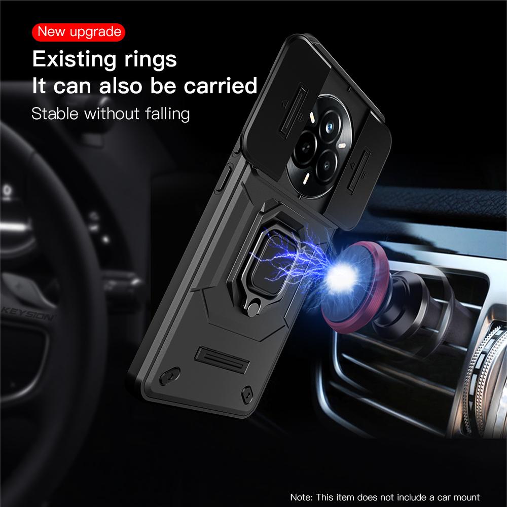 KEYSION Stoßfeste Hülle für Realme 14 Pro+5G Schiebekamera-Schutz Metallring-Ständer Handy-Rückabdeckung für OPPO Realme 14 Pro 5G