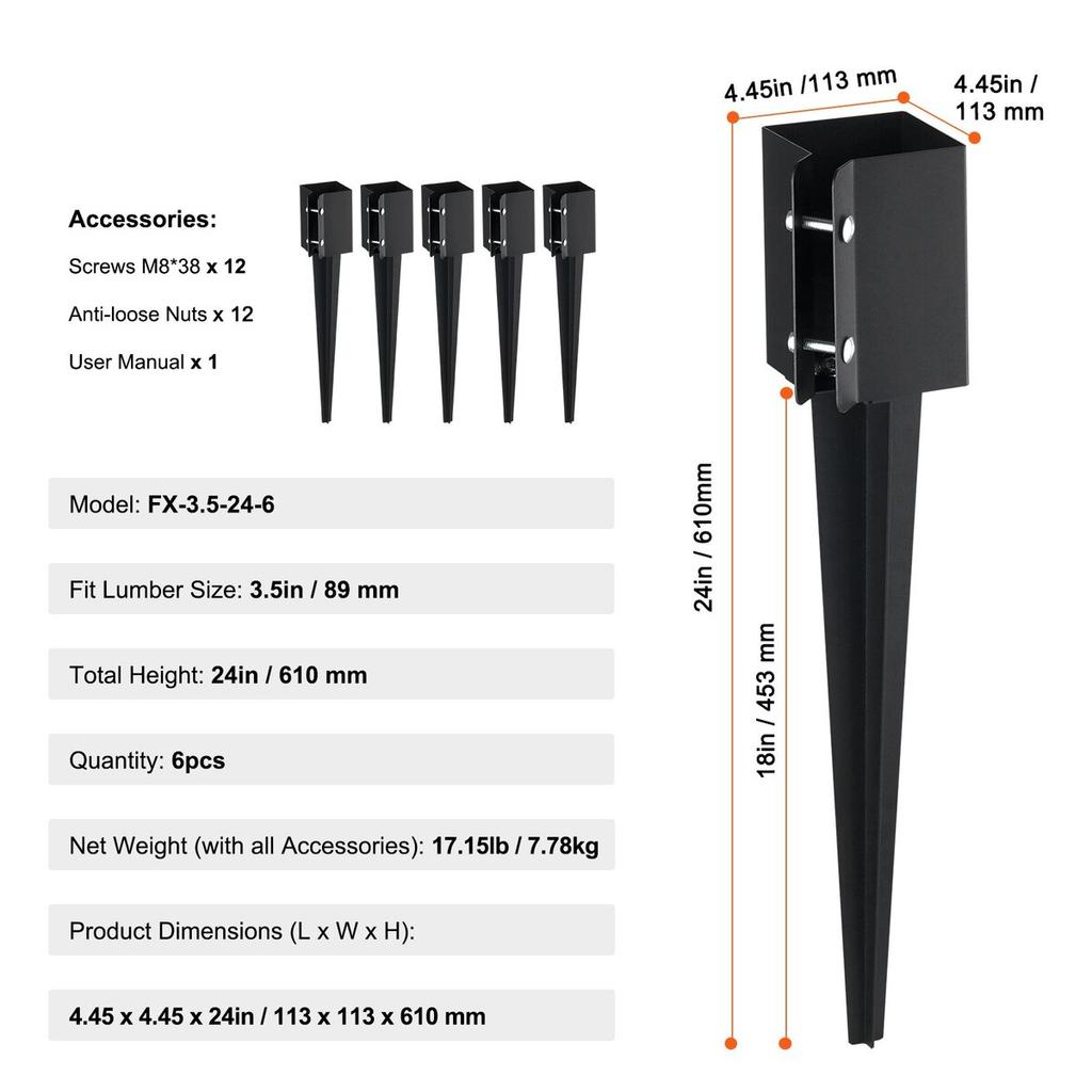 Fence Post Anchor Ground Spike, 6 Pack 24 x 4 x 4 Inches Outer Diameter (Inner Diameter 3.5 x3.5 Inches), Metal Black Powder Coated Post Stake Ground,