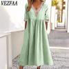 Women's Fashion Summer Spring Short Sleeve V-Neck Loose Waistline Casual Dresses