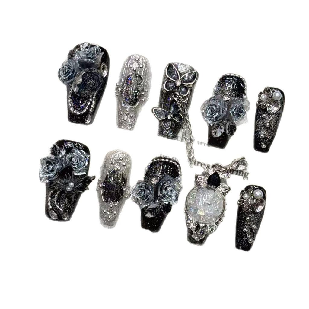 Elegant Dark Black Pointed Faux Nails with Fringe and Heavy Detailing, European/American Style, Medium-Length, Handmade, Beautiful and Wearable.