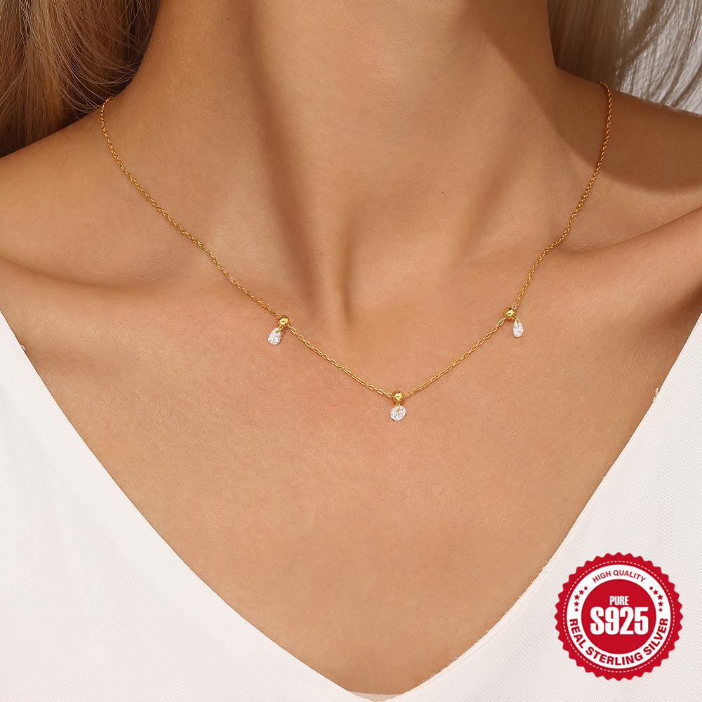 Wind Commuter Simple Wear S925 Sterling Silver Adjustable Geometric Zircon Drape Necklace Clavicle Chain