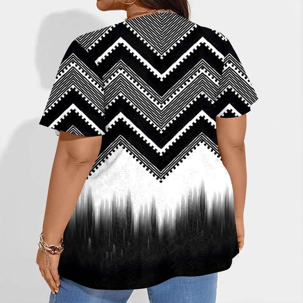 Plus Size Women's Fashion Casual Vintage Printed O-Neck Short Sleeve Button T-Shirt Top