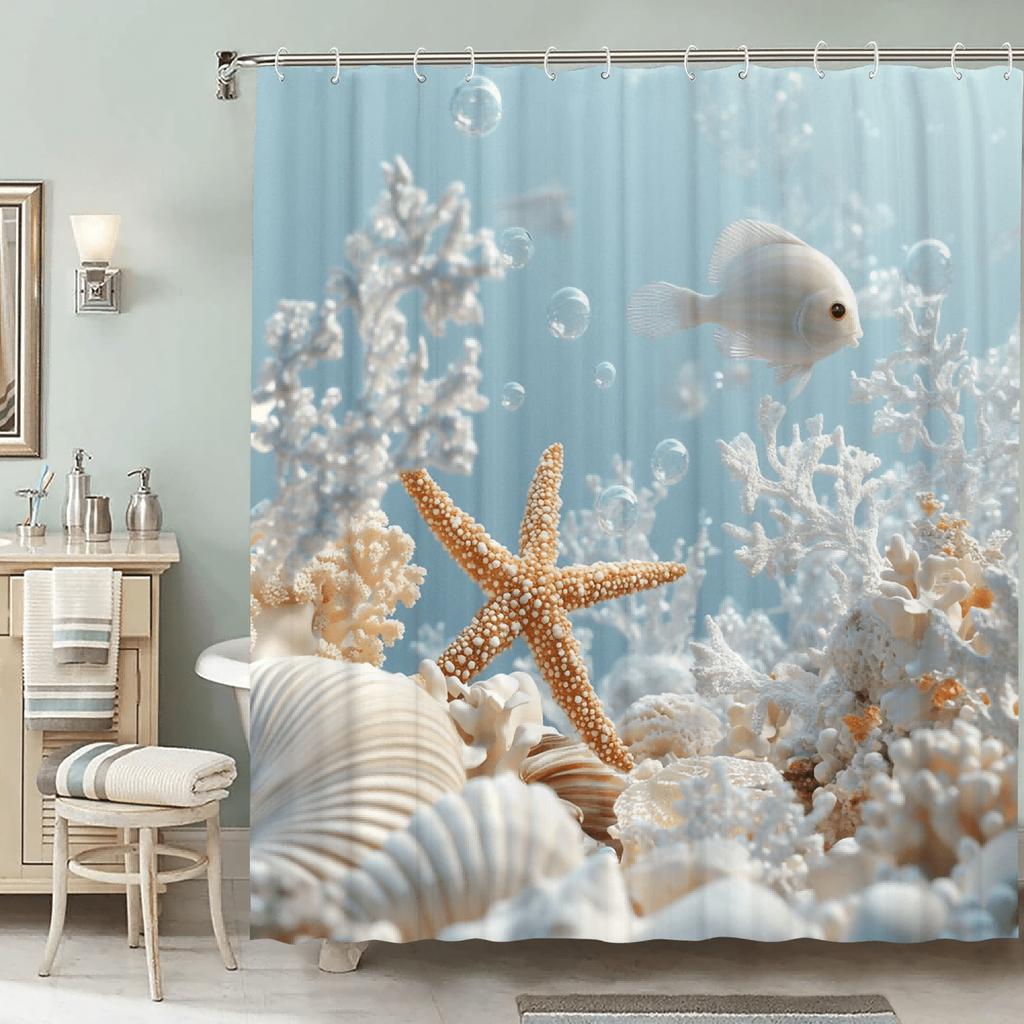 1pc Shower Curtain - Underwater Scene with Starfish, Fish, and Coral Reef Design Waterproof