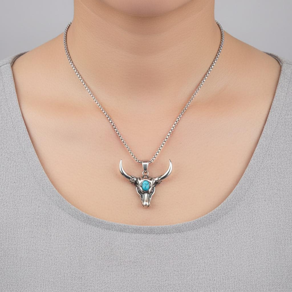 Unique Western-style Stainless Steel Turquoise Unisex Necklace Trendy Hip-Hop Punk Design Featuring Bull Head Motif Spiral Chain
