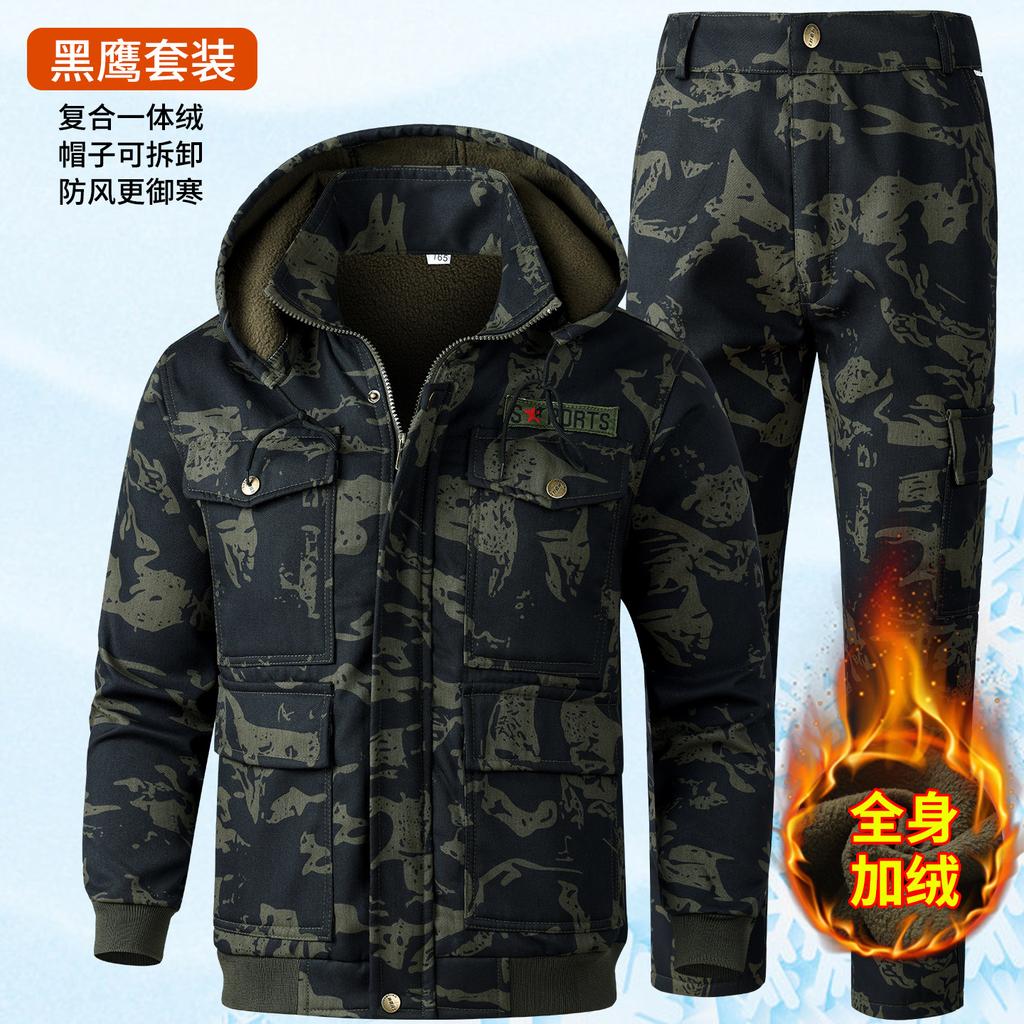 Autumn and winter velvet work clothes set, windproof and warm camouflage clothes, cold-proof, wear-resistant and dirt-resistant tooling