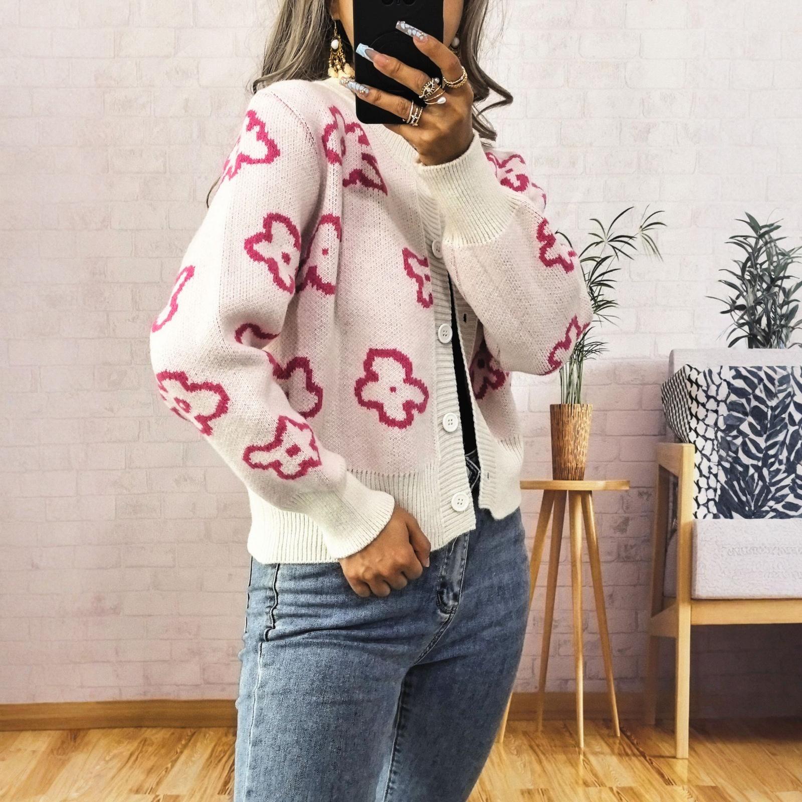 

Women s Fashion Casual Floral Short Single-Breasted Round Neck Long Sleeve Button Knit Sweater Cardigan Jacket M