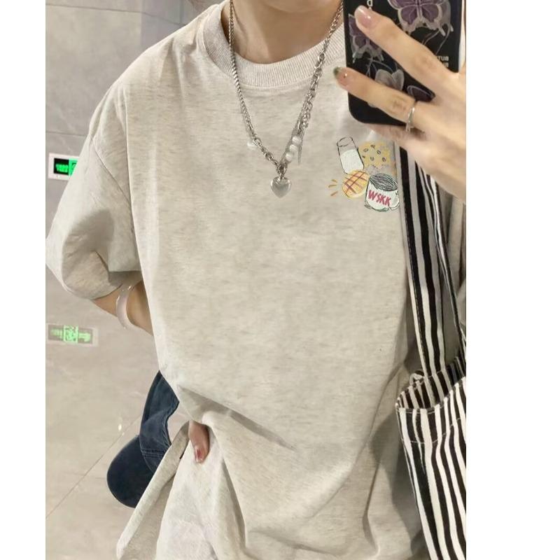 

Женская модная белая хлопковая летняя футболка с коротким рукавом - Универсальная, свободного кроя L серый