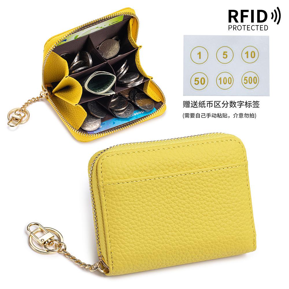 New First-layer Cowhide Short Partition Layer Coin Change Bag RFID Japanese Multi-functional Mini Wallet Women