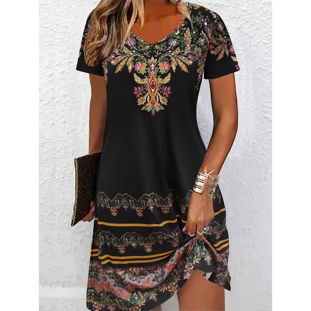 3D Retro Elements Geometric Print Summer Dress Short Sleeve V-Neck Casual Vacation Dress for Women