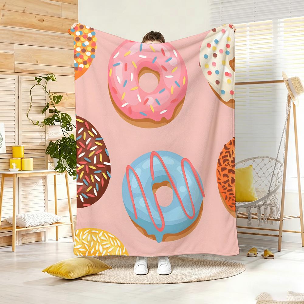Cute Cartoon Donuts Throw Lightweight 240g Flannel Blanket Soft Skin-friendly for Summer Cooling 75x90cm