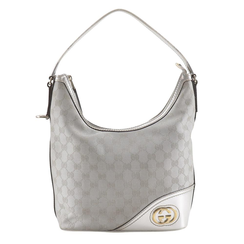 Gucci Interlocking G Shoulder Bag 182491 Silver GG Canvas Women Used