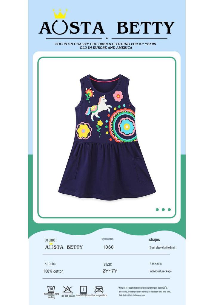 Summer European Style Girls' Knit Cotton Cartoon Princess Tank Dress