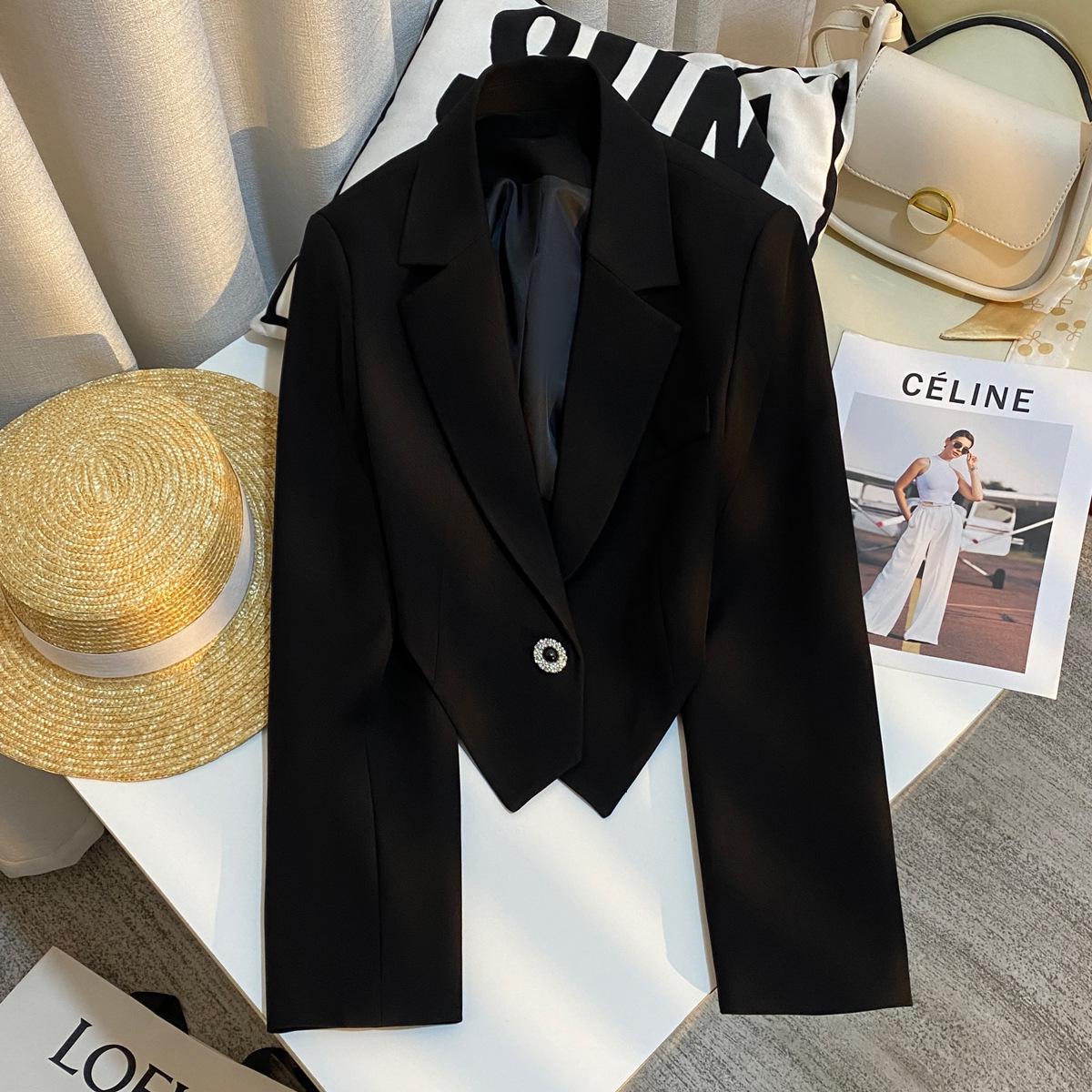 

Women s Black Petite Blazer: 2025 Spring Short Padded Shoulder Design Small чорний
