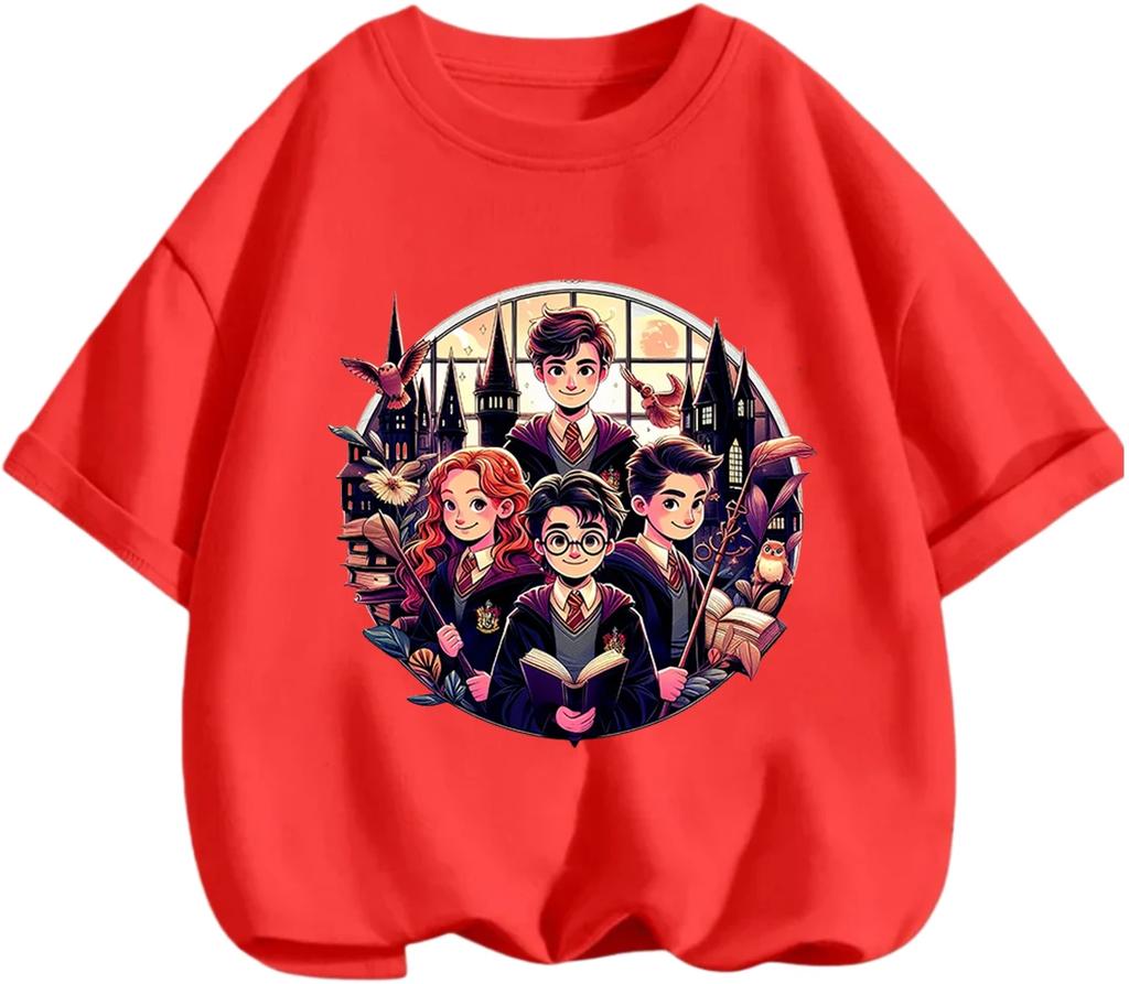Trendy Cartoon Harry Potter Pattern Tee Summer Casual Crew Neck Children Daily Wearing Apparel