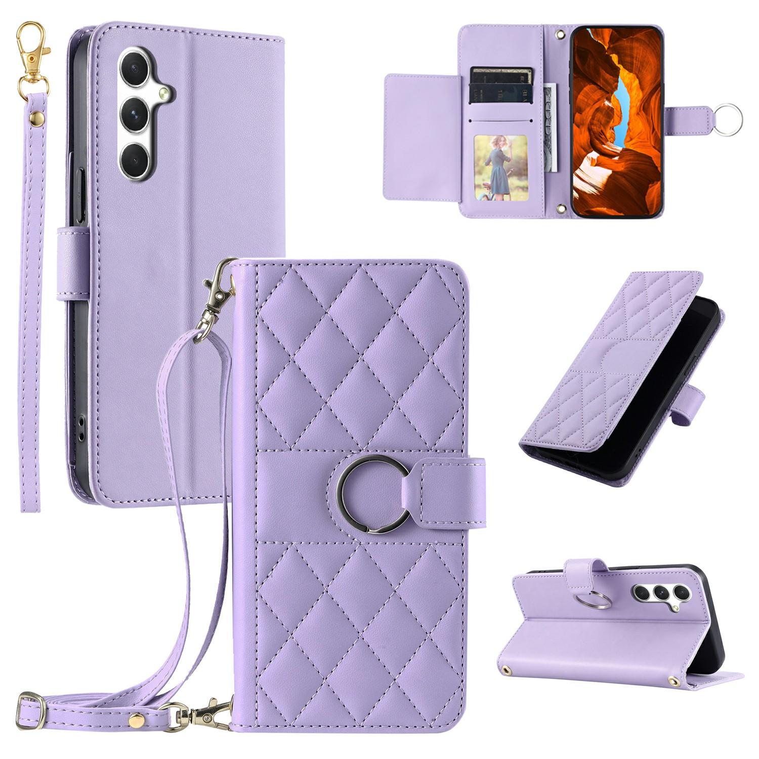 

For Samsung Galaxy A05s 4G Crossbody Leather Case Ring Buckle Wallet Stand Rhombus Mobile Cover Purple