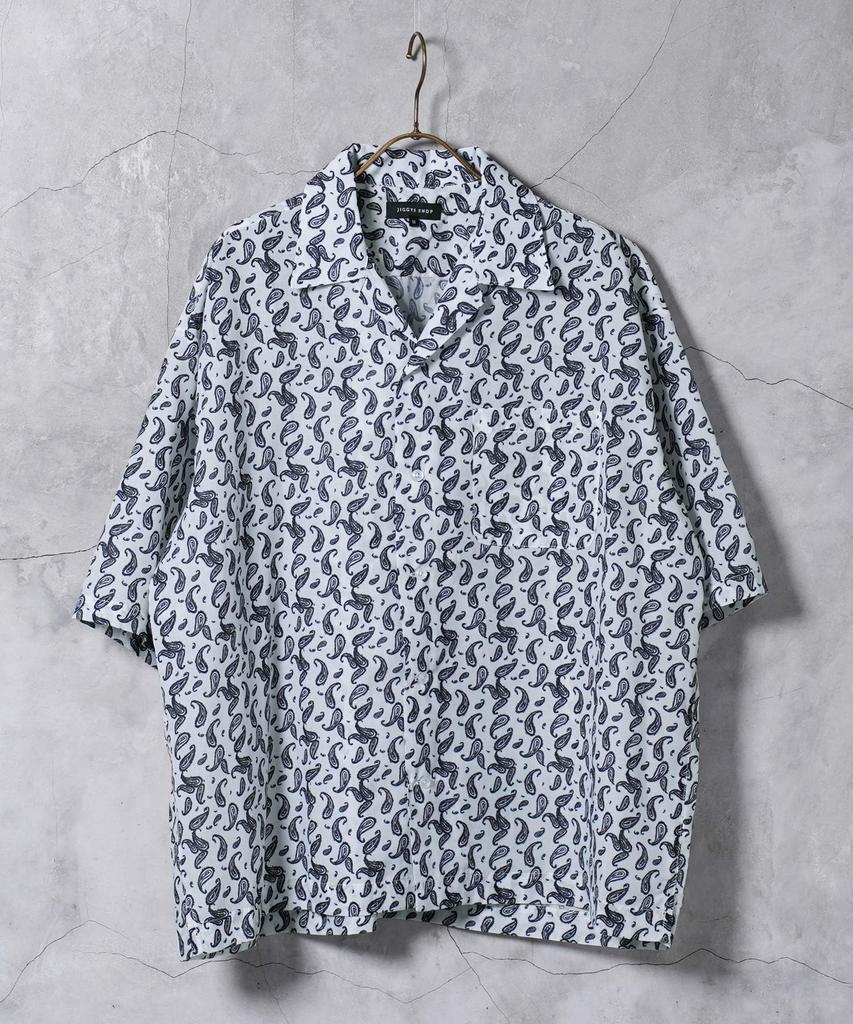 Vintage Print Open Collar Shirt Size White Open Oversized Breathable [JIGGYS SHOP] L, Paisley, Cool, Dry-Touch, Resort, Relaxed, Collar, Silhouette,