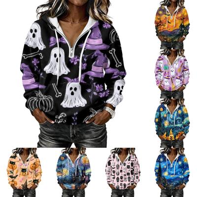 Women's Long Sleeve Pullover Hoodie with Halloween Print