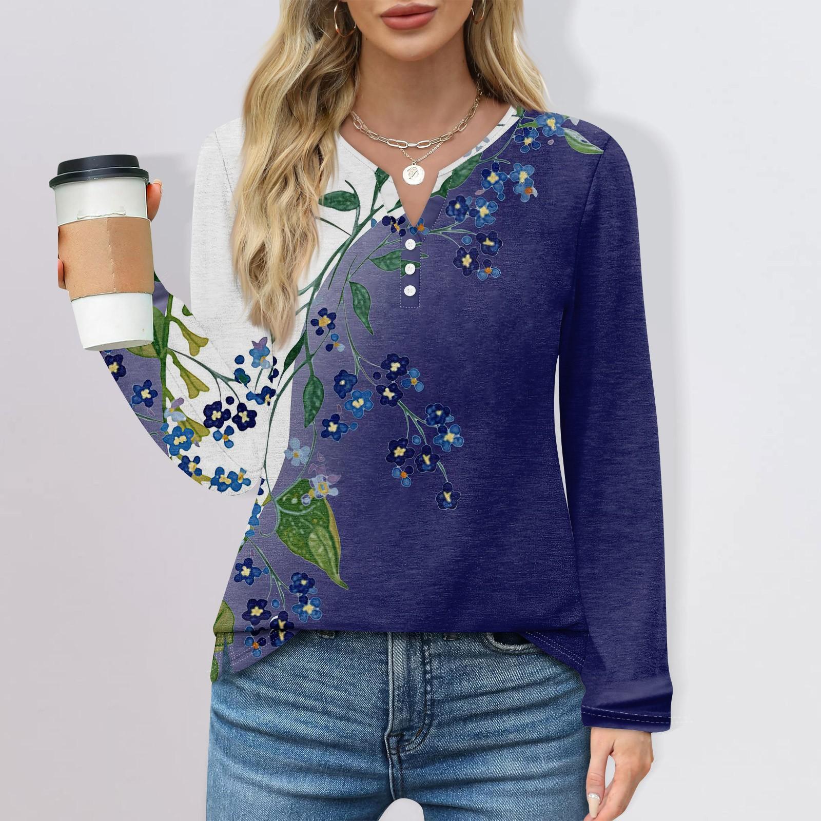 

Жен. Футболка Футболка Пуговицы Цветочный принт Длинный рукав Повседневные Выходные Мода Классический Классический V-образный вырез Обычный Топ S тёмно-синий