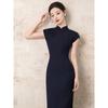 1011 New Spring and Summer Navy Blue Improved Cheongsam New Chinese Style Retro Cold Temperament Daily Dress