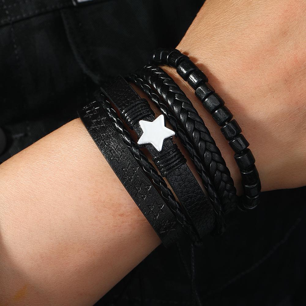 European and American New Dark Wind Alloy Pentagonal Leather Bracelet Four-Piece Set Men's Leather Bracelet Factory Direct Sale