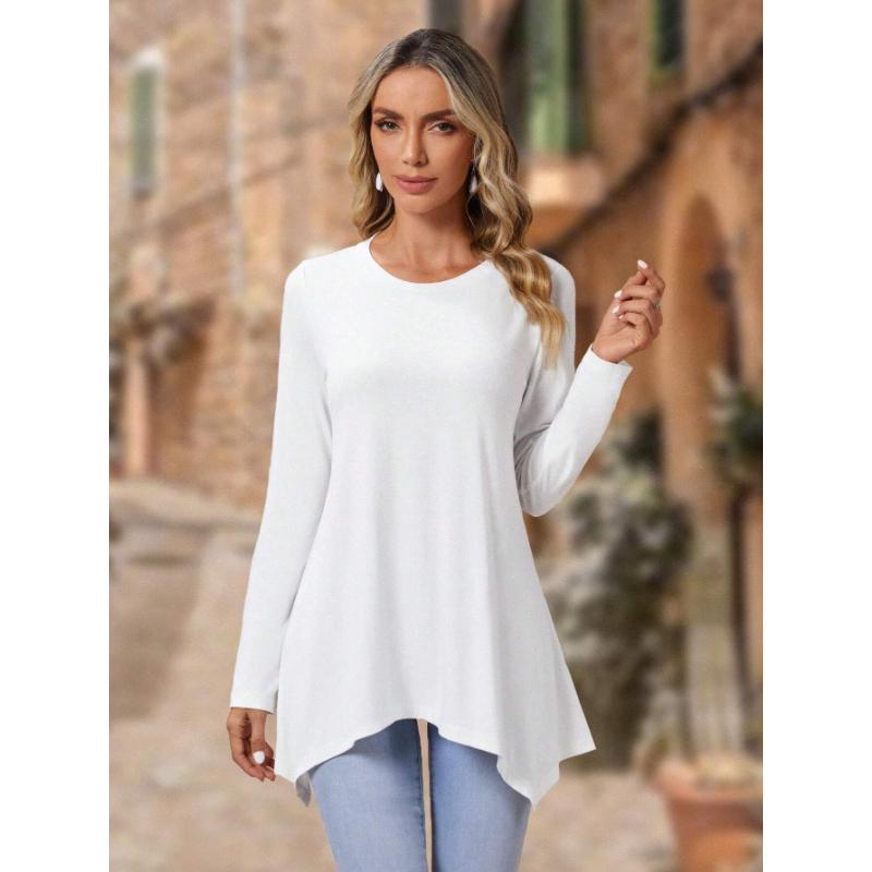 2025 Neu Einfarbig Langarm Unregelmäßig Mode Rundhals Top Damen Einfaches Vielseitiges T-Shirt