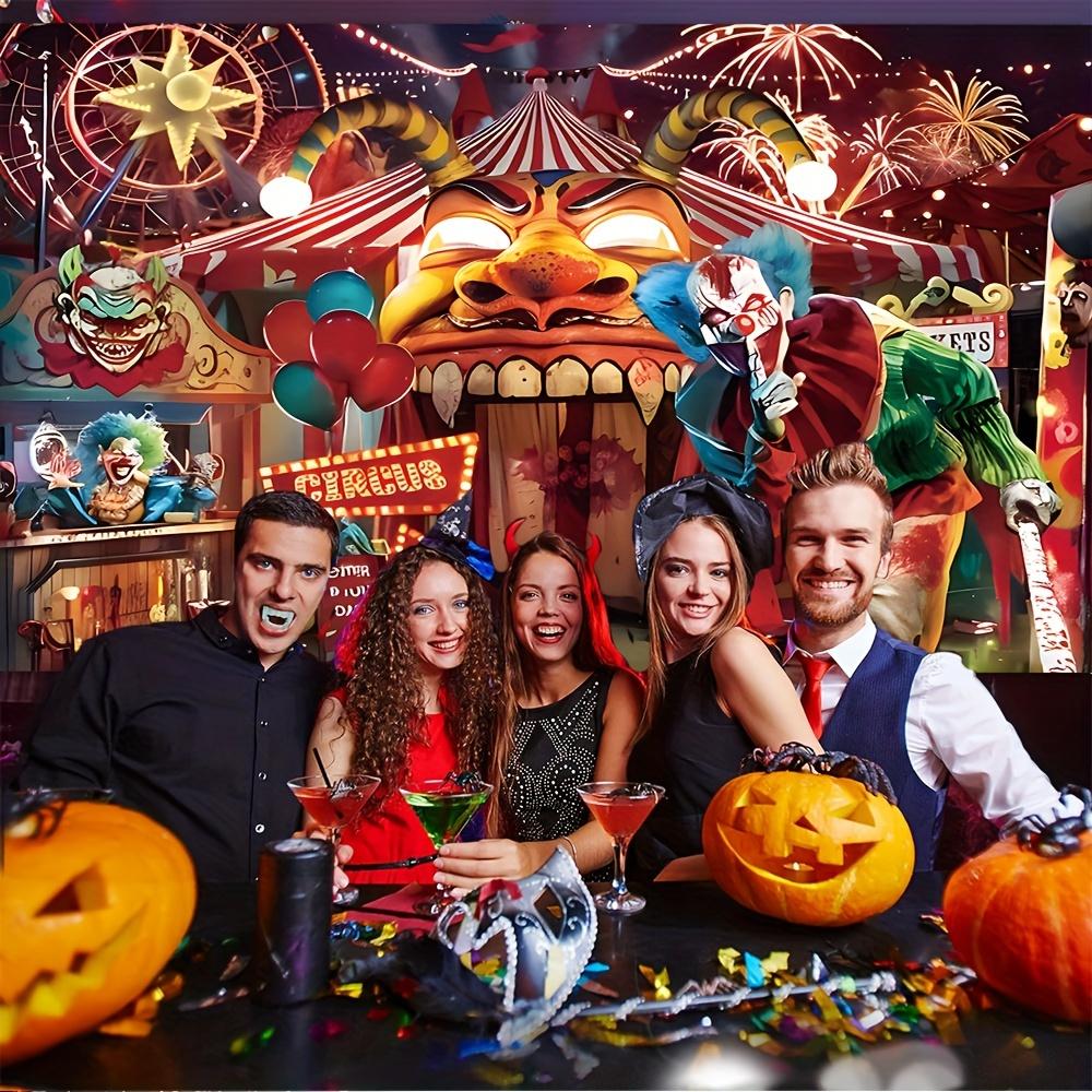 Una ruota panoramica di Carnevale e uno sfondo in poliestere con clown una terrificante scena circense perfetta per le feste di Halloween