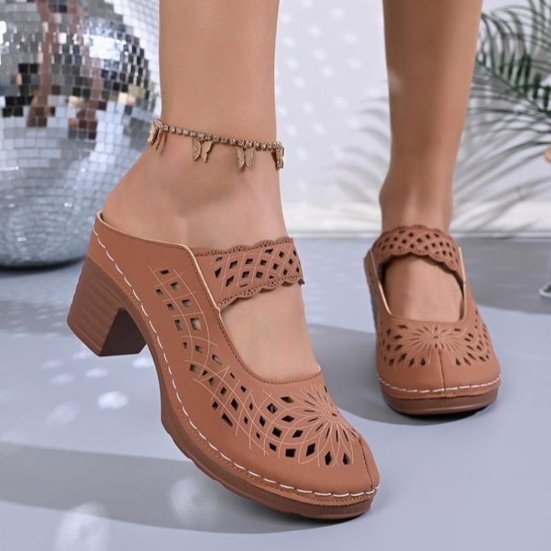 Summer  Women s Plus Size Chunky High Heel Slippers Hollow Closed Toe Slip-On Mueller Sandals for Women Sandalias Mujer 36