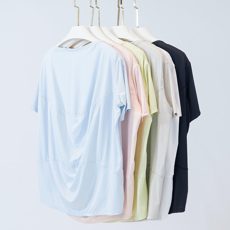 Damen Sommer Eisiges Nylon Yoga Top - Sonnenschutz, Atmungsaktiv, Hohe Elastizität, Lockere Passform, Bequemer Kurzarm für Fitness