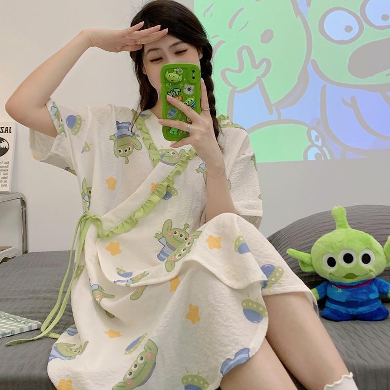 2025 Summer Kimono Maternity Nightdress - Crinkle Cotton, Postpartum Mid-Length, Short Sleeve Nursing Dress