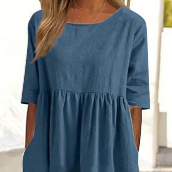 O-Neck Half Sleeve High Waist Pockets Casual Dress Women Pleated Flowy Hem Solid Midi Dress