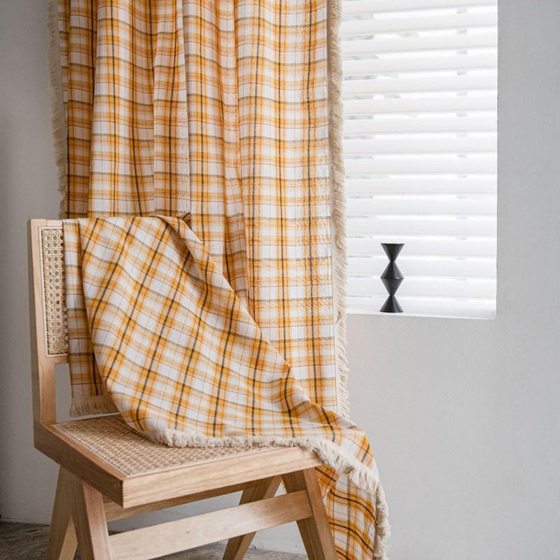 American Style Cotton Linen Plaid Curtains Bedroom Curtains with Tassel Semi-shading Kitchen Valance Drapes for Living Room