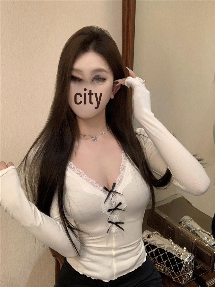 

Bowknot Lace V-Neck Long-Sleeve Slim-Fit Spring T-Shirt for Women Medium белый