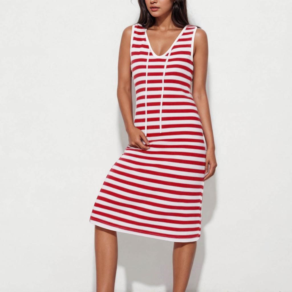 Ladies' Casual Loose Drawstring Sexy Striped V-neck Contrasting Sleeveless Dress