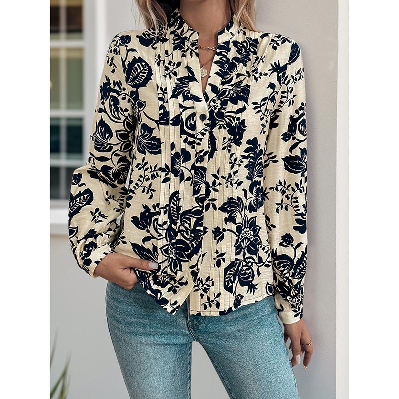 Spring And Autumn New Vintage Printed Shirt Small Stand Collar Elegant Shirt Women's Fashion Long Sleeve Button Office Blouse