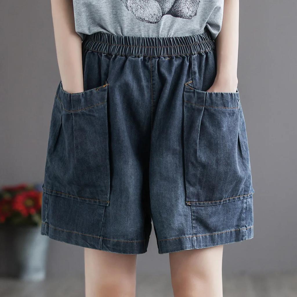 Women's Summer Korean-Style Elastic Waist Large-Pocket Denim Shorts - Loose-Fit Slimming Wide-Leg Pants