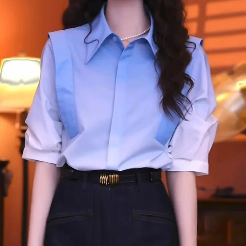 

Women s Two Tone Patchwork Blouse Lapel Collar Short Sleeve Casual Loose Fit Top L