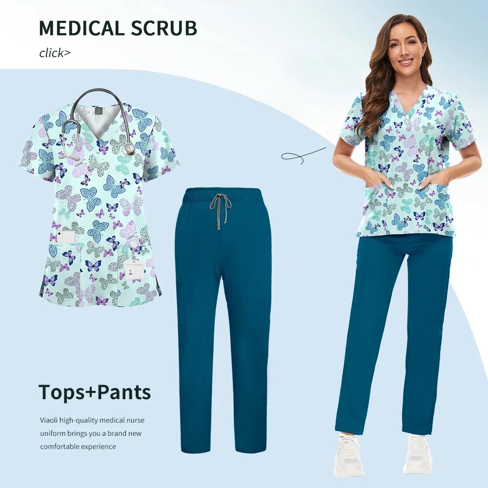 Printed Scrub Uniform Set V Neck Short Sleeves Pockets Top Medical Soft Scrub Pants Sets Nurse Surgical Uniforms Woman