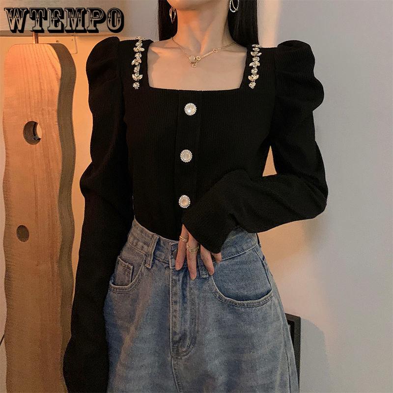 

Черная винтажная рубашка с длинными рукавами и квадратным вырезом, женская блузка с пышными рукавами сзади, тонкий сладкий сексуальный топ, элегантный летний стиль