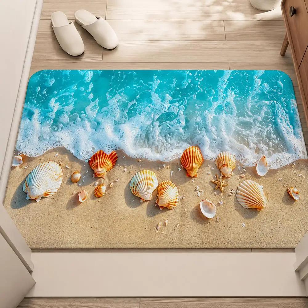 Ocean Waves Beach Shells Floor Mat Flannel Door Mat Non-Slip Washable Foam Entryway Rug for Bathroom Bedroom Entryway