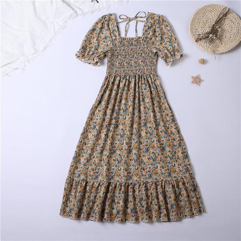 Spring Floral Square Neck Lace Midi Dress with Puff Sleeves