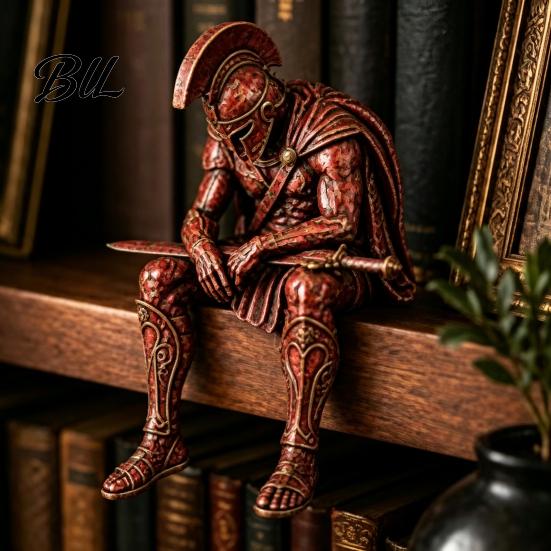 Handcrafted Decorative Figures Ancient Greek Warrior Shelf Sitter Statue, Sitting Soldier Figurine with Mythology Fan Gifts Helmet, Historical Desktop