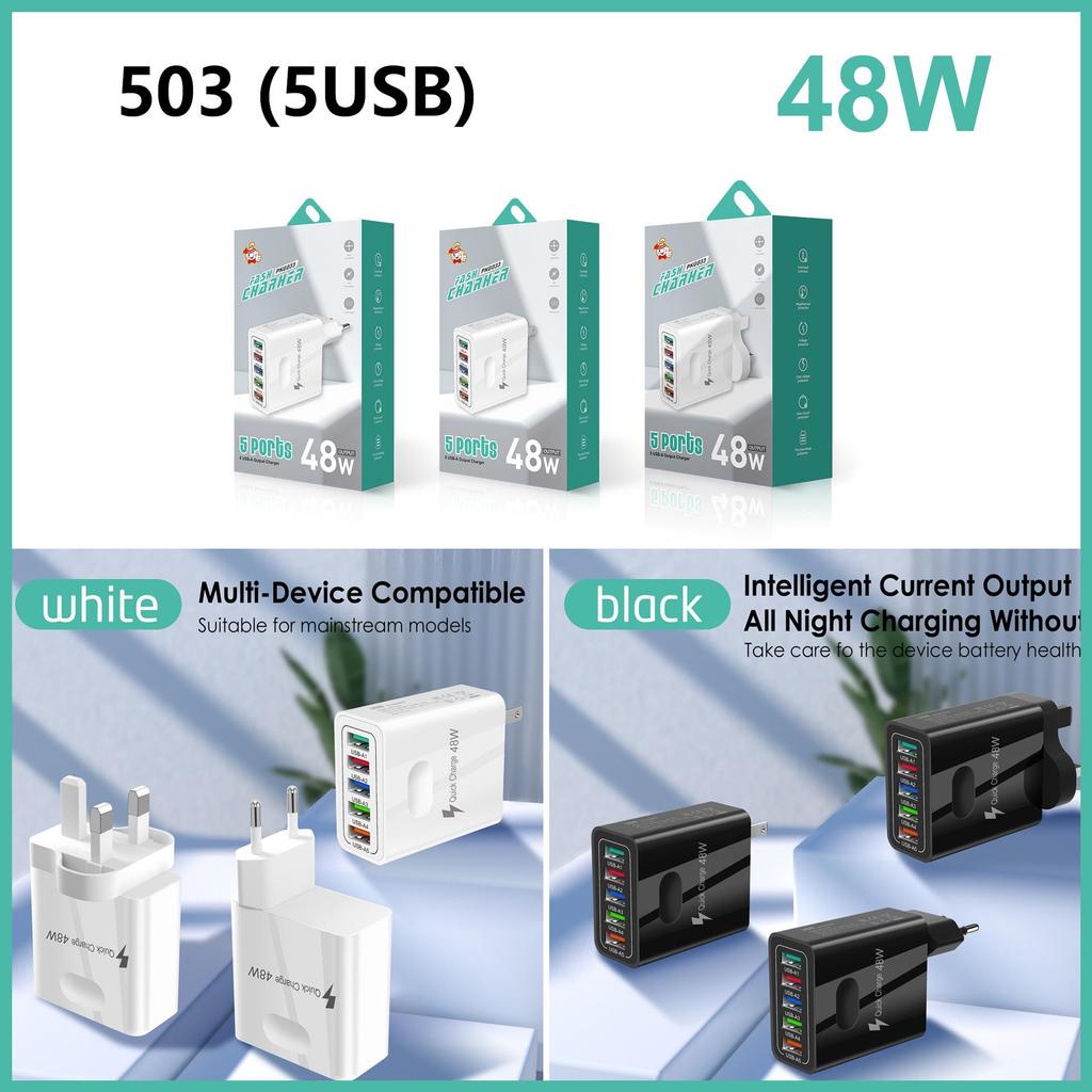 48W Multi-Port USB Mobile Charger with QC3.0 - EU/US/UK Fast Charging Adapter
