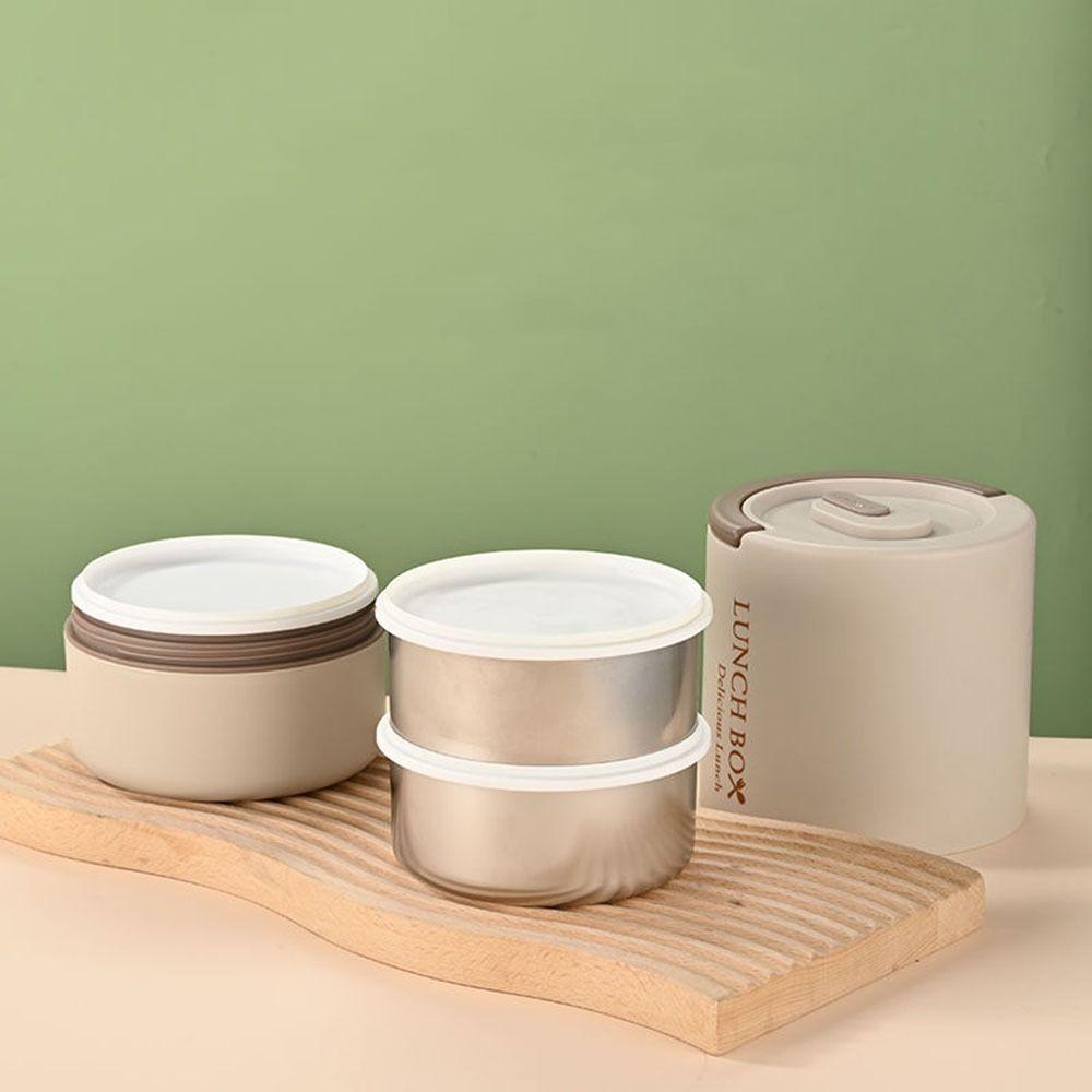 Stainless Steel 3 Layers Lunch Box Large Capacity Round Thermal Lunch Box with Spoons Sealed Insulated Lunch Box Office