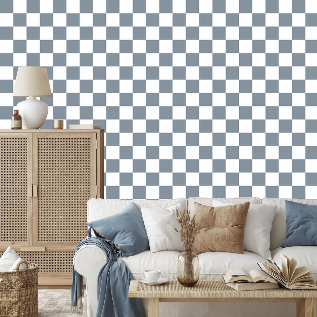Checkerboard wallpaper white, blue and light gray 50x1000