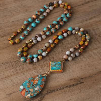 Multicolor Imperial Jasper Mala Necklace – Square Teardrop Pendant Boho Jewelry, Spiritual Protection Gift for Women